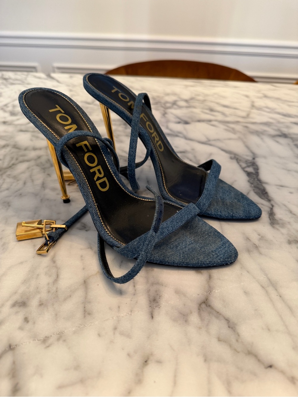 Tom Ford Denim Blue Pointed-Toe Stiletto Sandals with Gold Heels